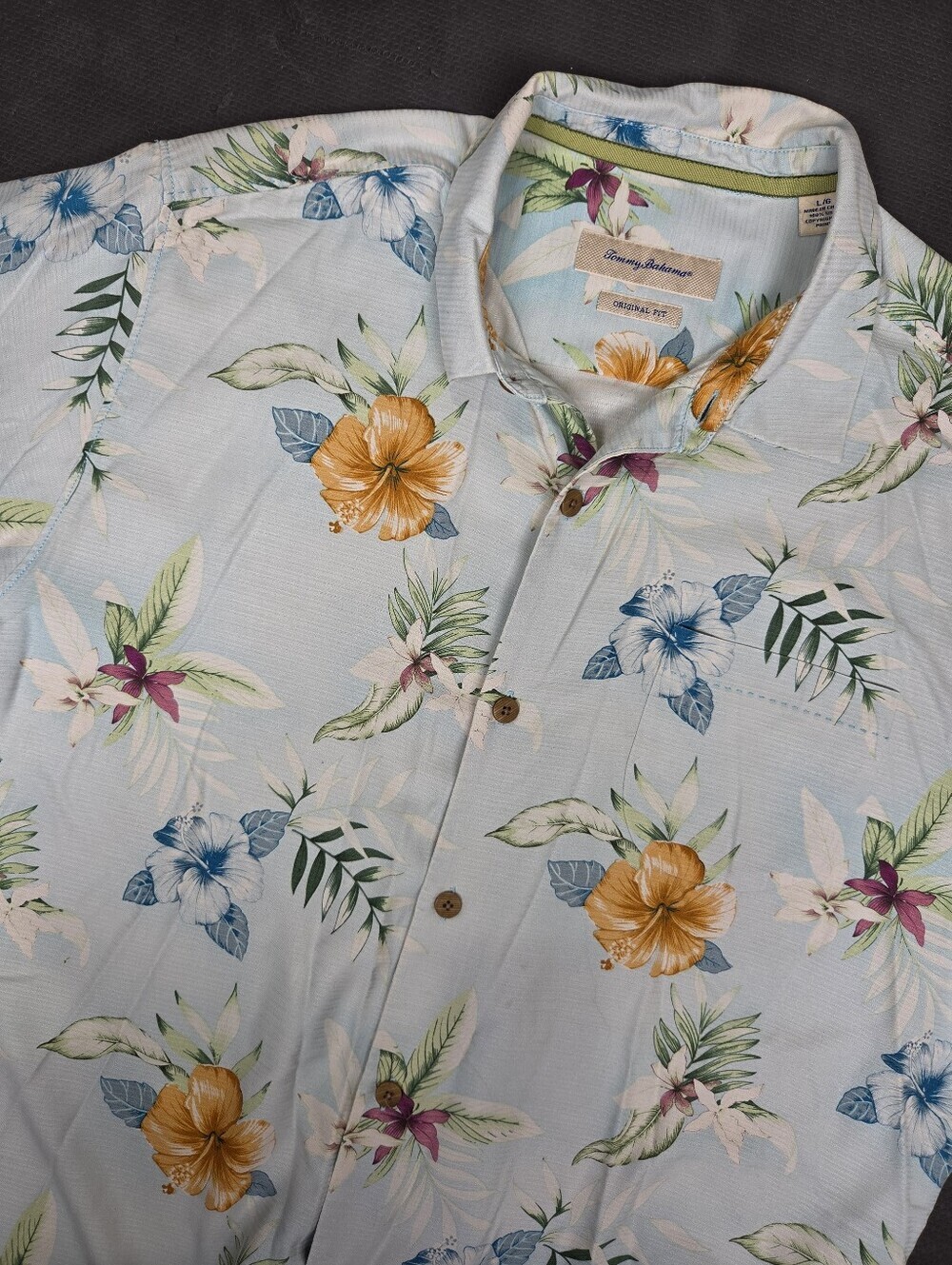 Tommy Bahama Shirt Large Blue Silk Tropical Floral Hawaiian Camp Original Fit